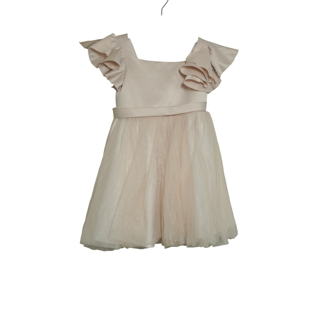 Azazie Size 4T Flower Girl Dress Blush Pink Satin Tulle Ruffle Sleeve Formal